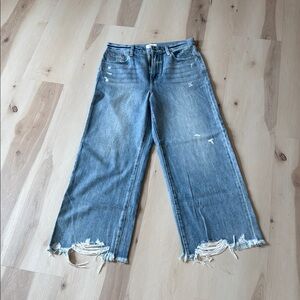 Blue Flare Wide Leg Jeans with Distressed Hem